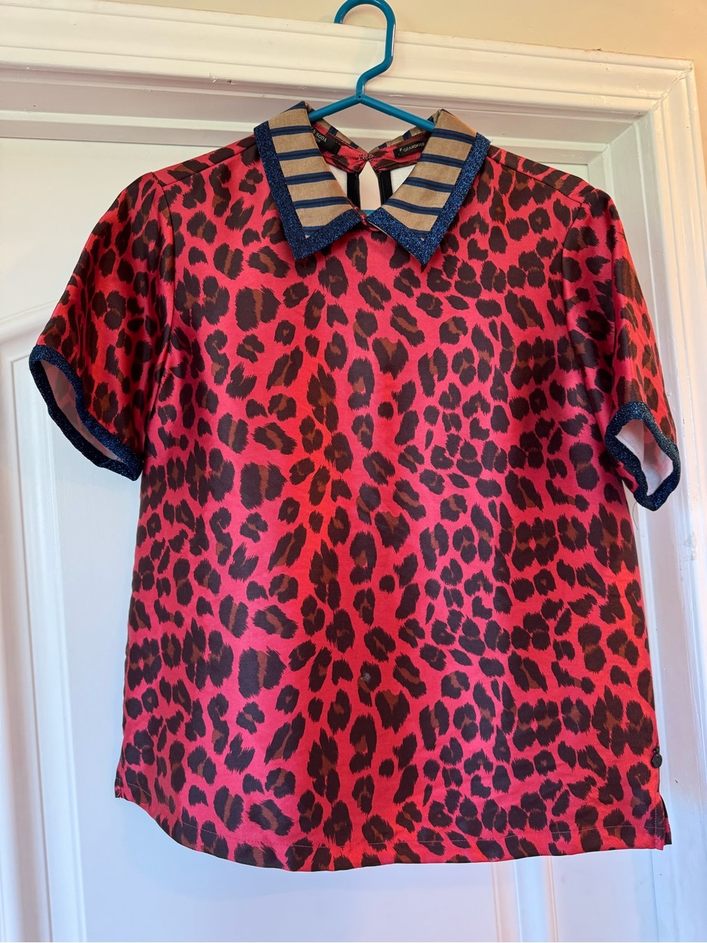 Red Leopard Print Blouse with Contrast Striped Collar